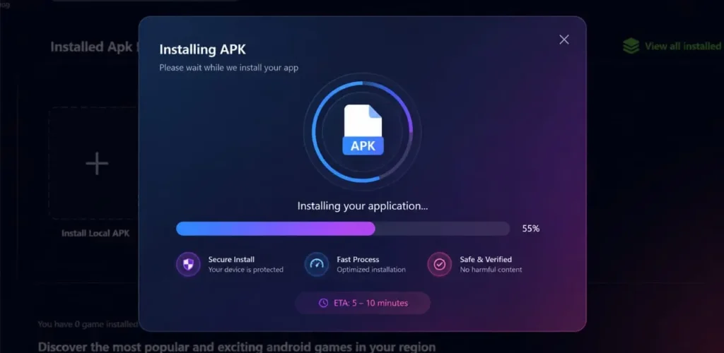 : Modern APK installation progress dialog showing app installation status, progress bar, and estimated installation time.