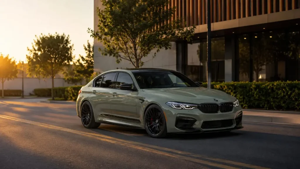 Home 9 BMW M5 sedan driving on a city street at golden hour