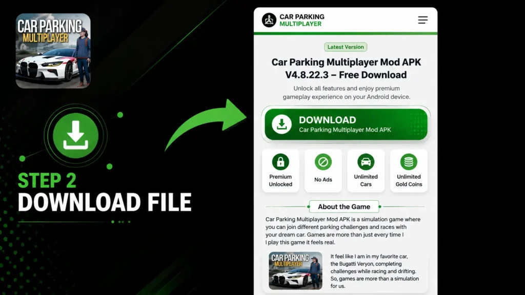 Home 4 Step 2 showing how to download Car Parking Multiplayer MOD APK file