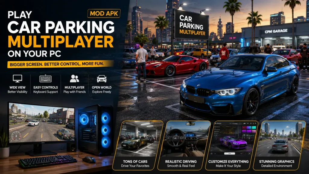 Car Parking Multiplayer MOD APK for PC showing multiplayer cars, open-world driving, customization, and PC gameplay features
