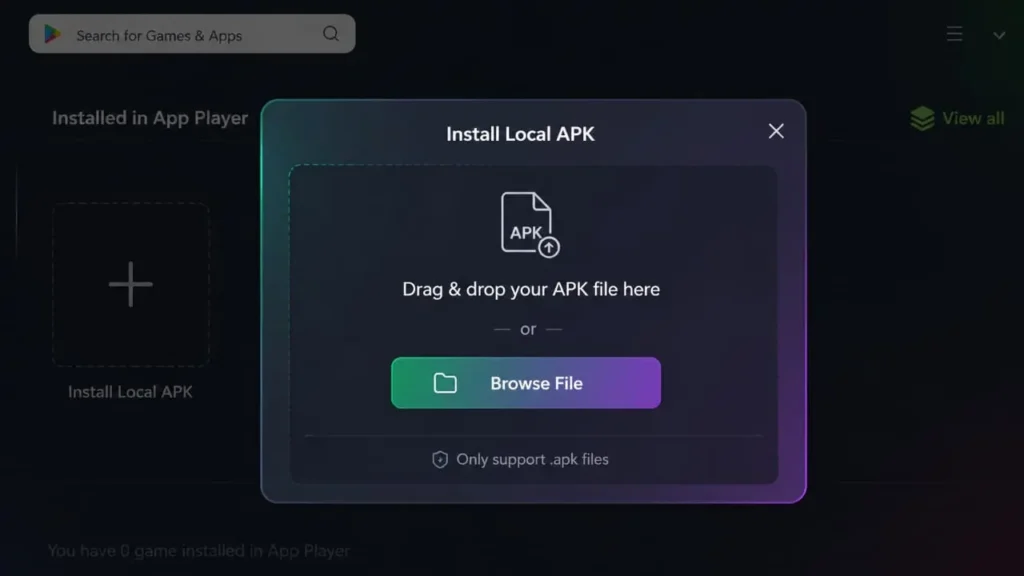 Install Local APK window with Browse File button for uploading an APK file