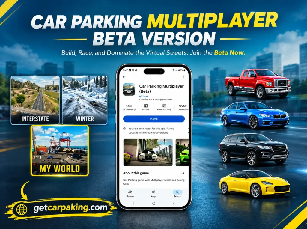 Car Parking Multiplayer beta version shown on smartphone with different cars and gameplay maps