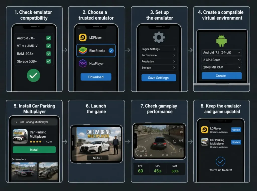 For ios 6 Car Parking Multiplayer emulator setup guide showing compatibility check, emulator setup, virtual environment, game installation, launch, performance check, and updates