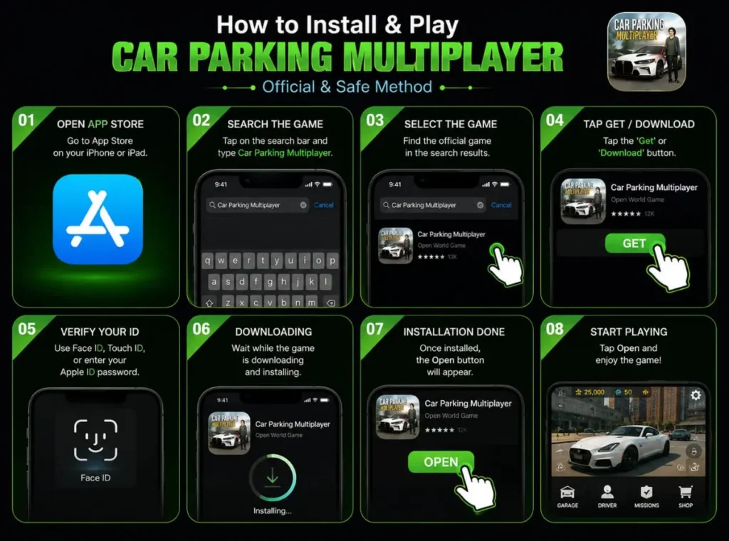 For ios 3 Car Parking Multiplayer installation guide showing steps to download and install the game on iPhone or iPad