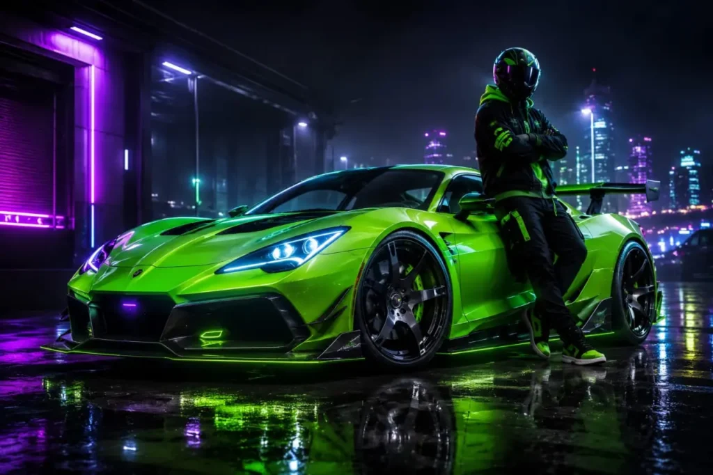 Home 2 Neon green sports car with a racer in a futuristic city garage