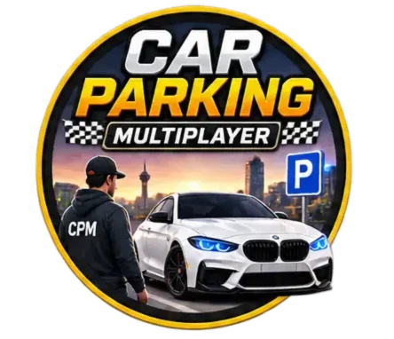 Car Parking Multiplayer game logo with car and parking scene