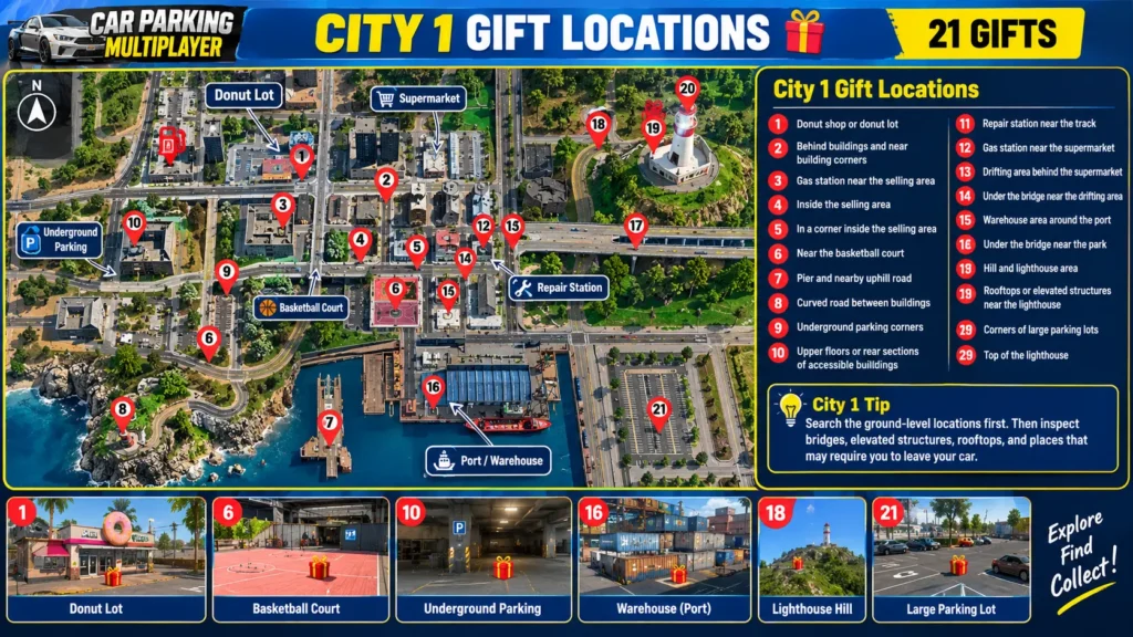 Car Parking Multiplayer City 1 gift locations map with numbered gift markers and key landmarks