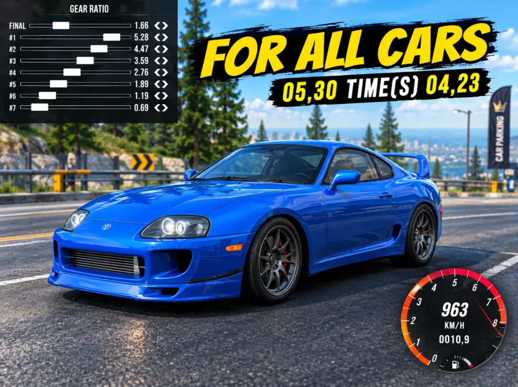 Blue sports car in Car Parking Multiplayer showing gear ratio tuning settings and high-speed performance on a road.