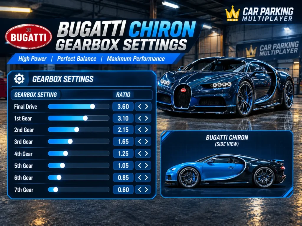 Bugatti Chiron gearbox settings in Car Parking Multiplayer showing final drive and seven gear ratios alongside a blue Chiron.