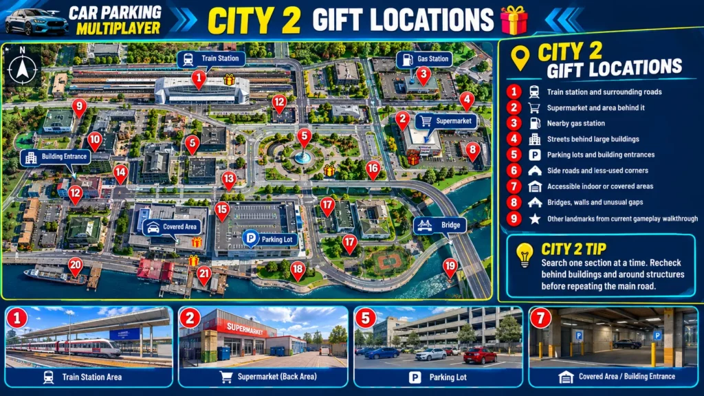 Car Parking Multiplayer City 2 gift locations map with numbered markers for train station, supermarket, gas station, parking lots, and bridges