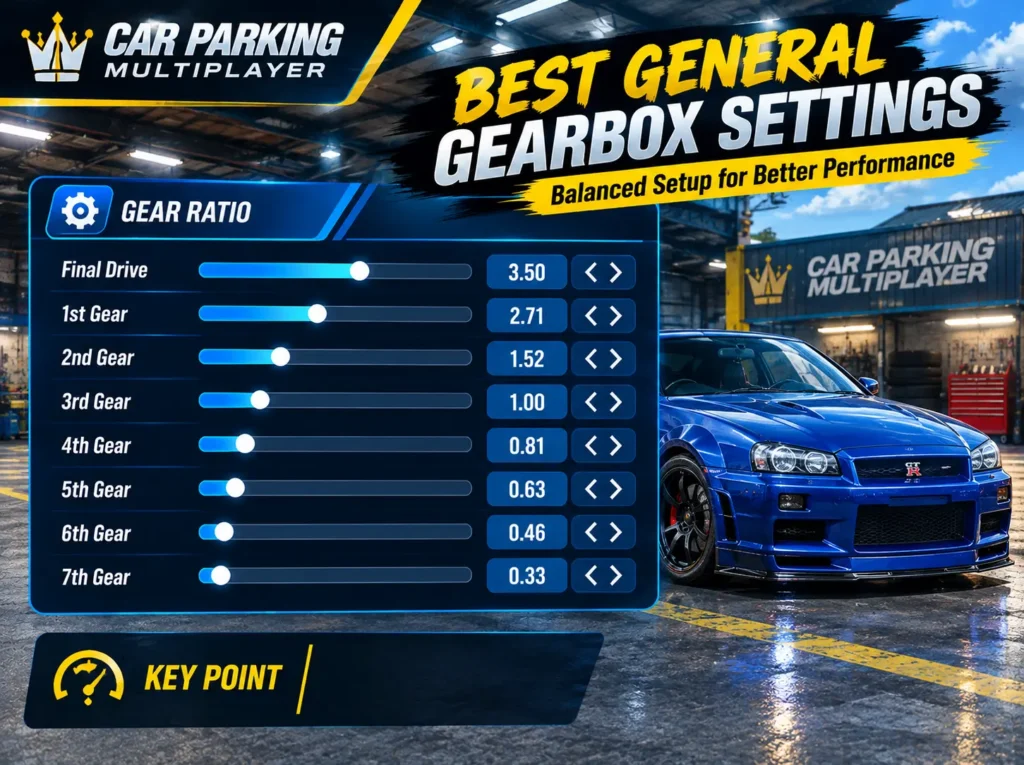 Car Parking Multiplayer gearbox settings infographic showing final drive and seven gear ratios for a balanced setup.