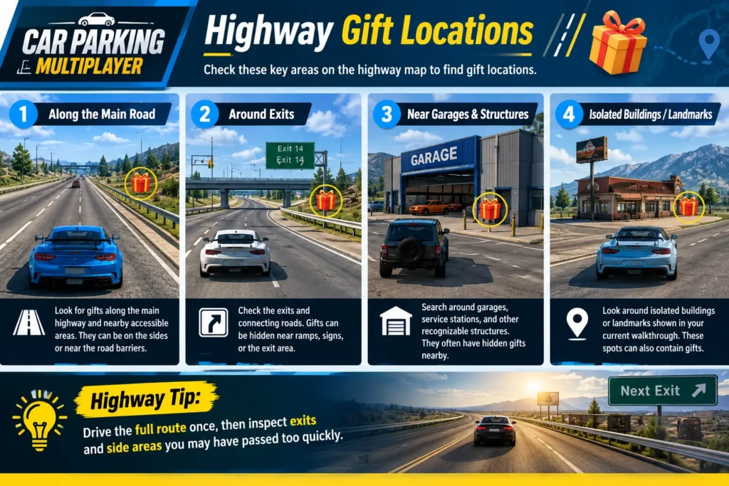 Car Parking Multiplayer highway gift locations near main roads, exits, garages, and isolated buildings