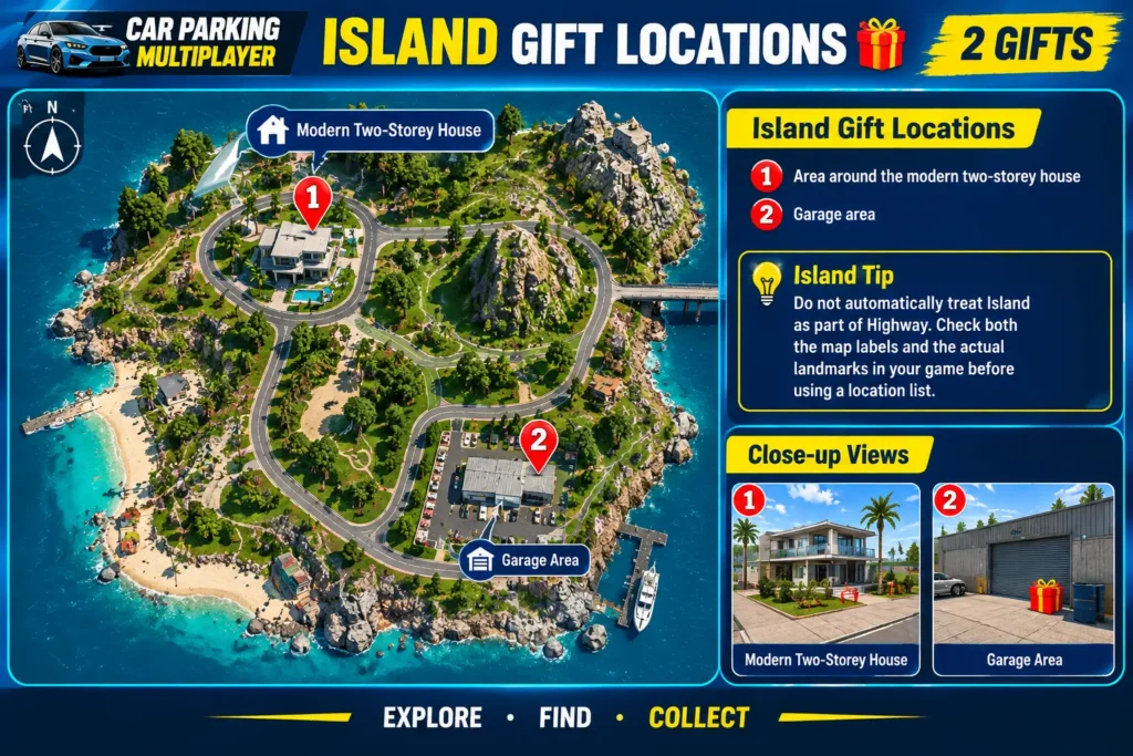 Car Parking Multiplayer Island gift locations map showing a modern two-storey house and garage area
