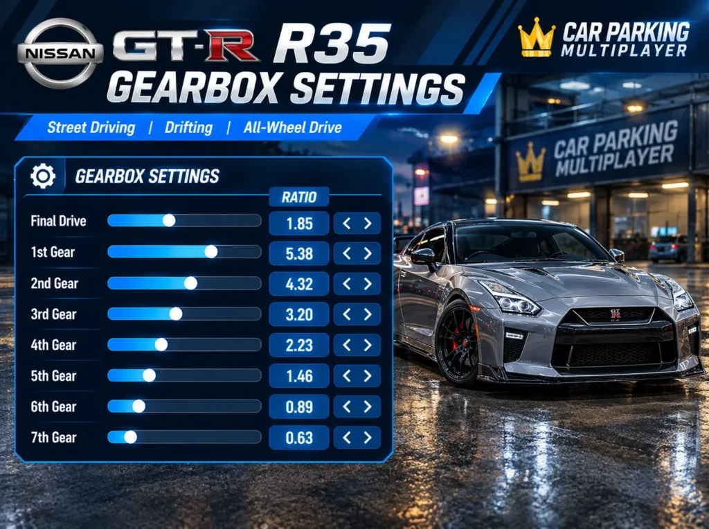 Nissan GT-R R35 gearbox settings in Car Parking Multiplayer showing final drive and seven gear ratios for street driving and drifting.