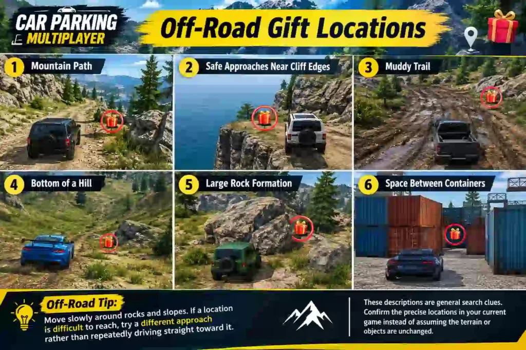Car Parking Multiplayer off-road gift locations on mountain paths, muddy trails, hills, rocks, and between containers