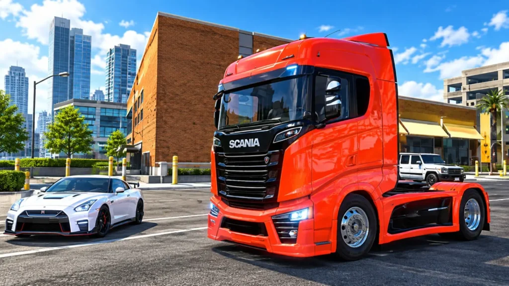 Car Parking Multiplayer New Update 2026: Latest Features 2 Car Parking Multiplayer gameplay featuring a red Scania truck and white sports car in a city
