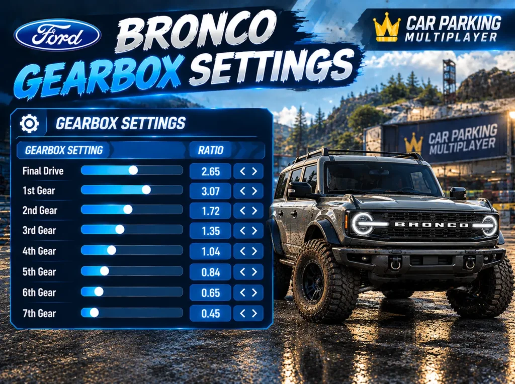 Ford Bronco gearbox settings in Car Parking Multiplayer showing gear ratios for controlled acceleration and off-road driving