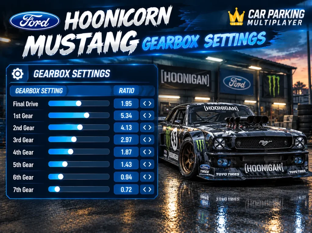 Hoonicorn Mustang gearbox settings in Car Parking Multiplayer showing gear ratios for drifting and powerful acceleration