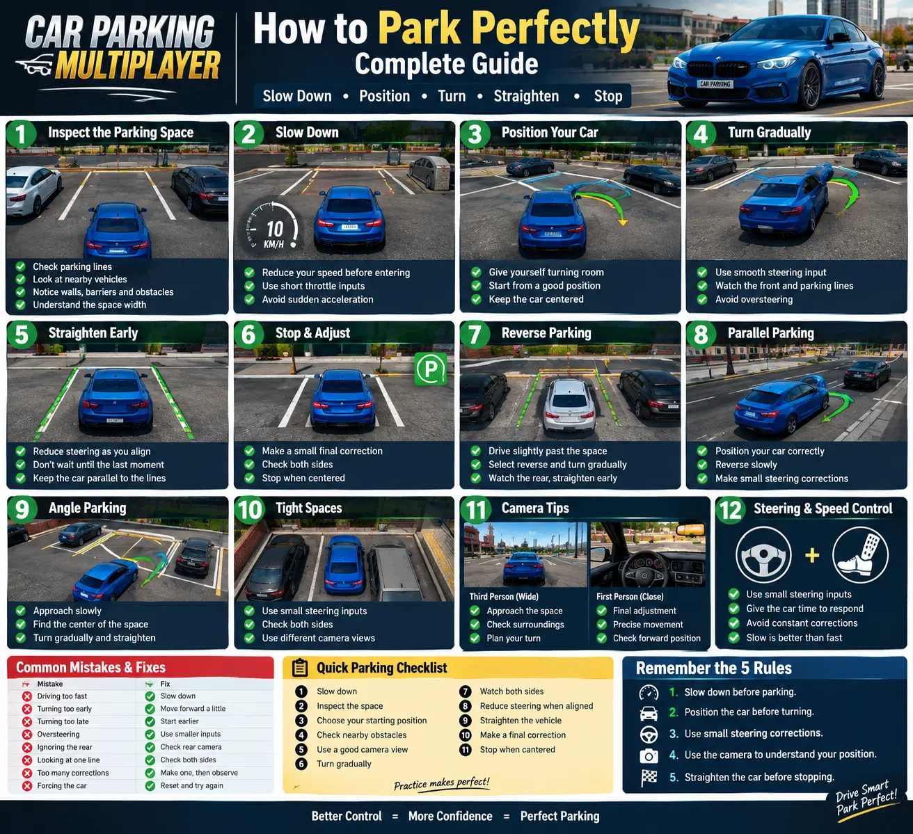 How to park perfectly in Car Parking Multiplayer with forward, reverse, parallel, angle, and tight parking tips
