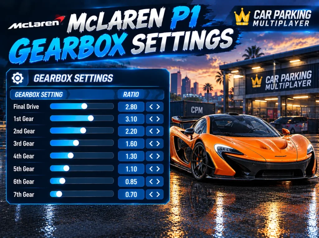 McLaren P1 gearbox settings in Car Parking Multiplayer showing gear ratios for acceleration and high-speed driving